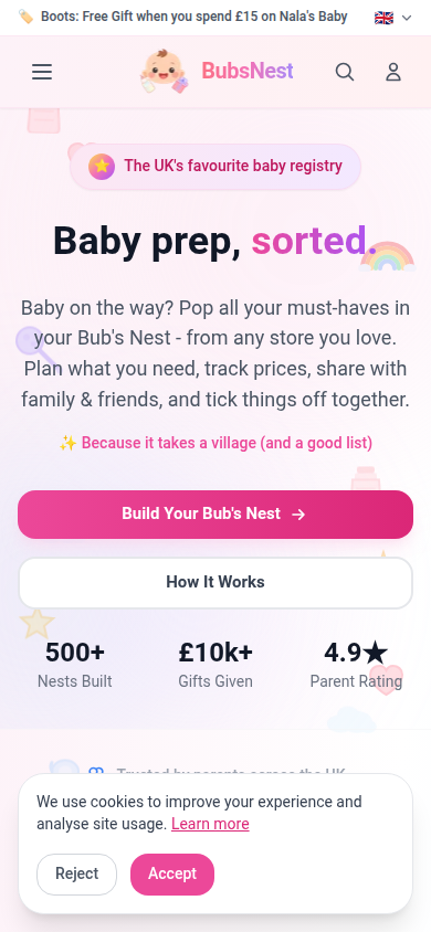 BubsNest homepage — build your registry
