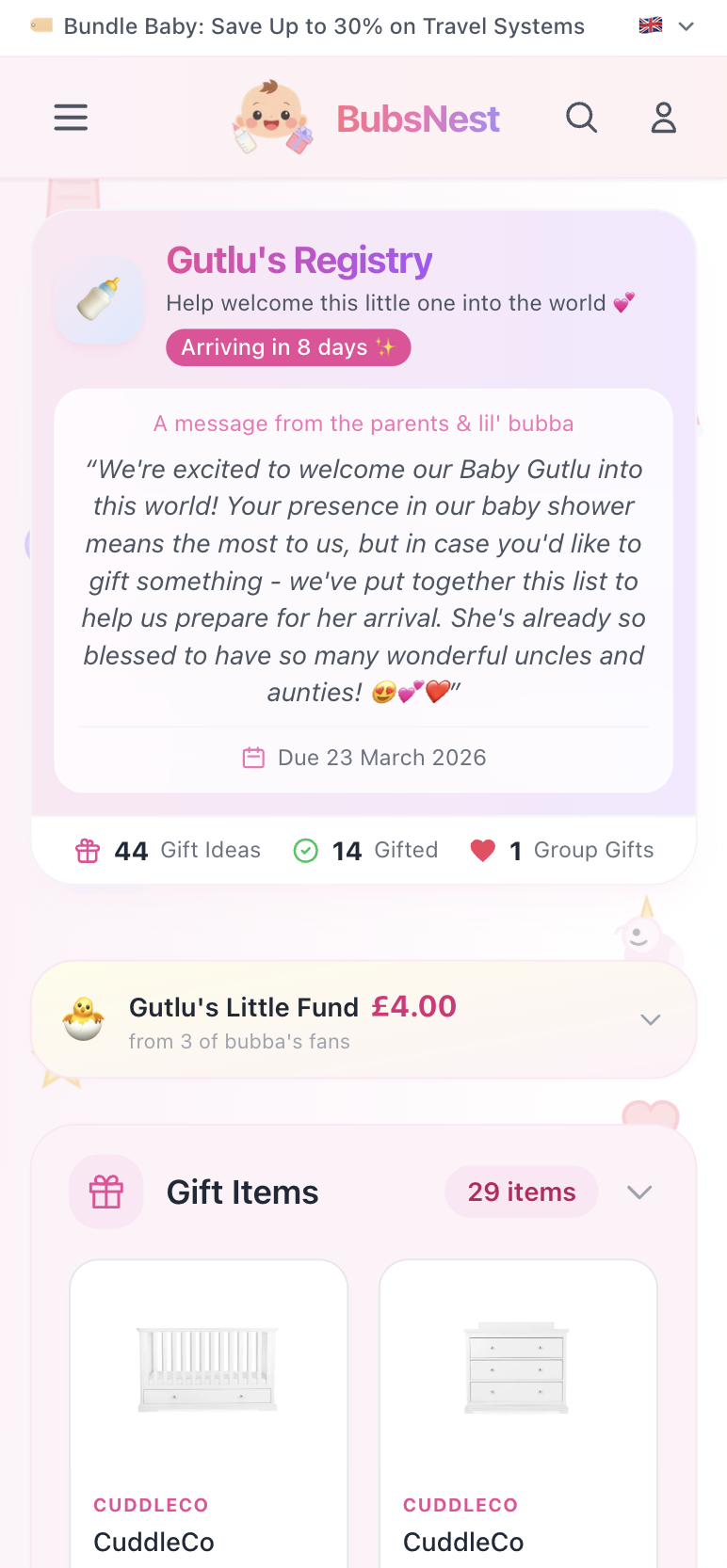 BubsNest registry on mobile