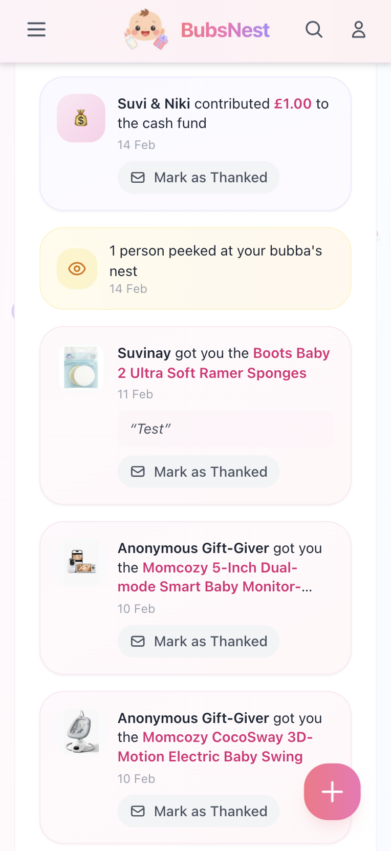 BubsNest thank you page — celebrate your gifts